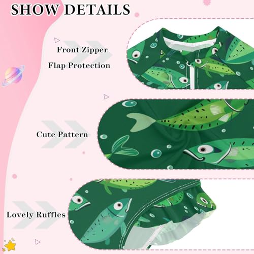 CaTaKu Girls One Piece Swimsuit Green Fishes Toddler Bathing Suit Long Sleeve UPF 50+ Rash Guard Swimwear 3-12Y3