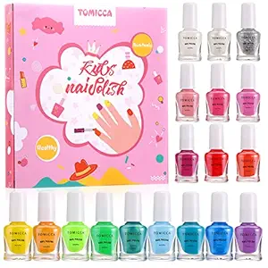TOMICCA Kids Nail Polish - 18 Rainbow Colors Kid Nail Polish Set for Girls, Natural Safe NonToxic Odorless Washable Peel Off Quick Dry Nail Polish Super Sparkly for Party Birthday Gift