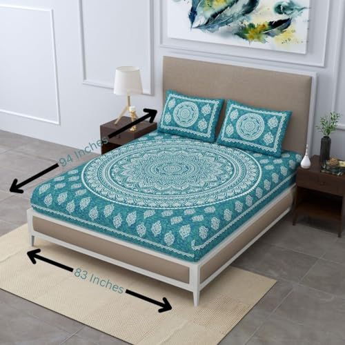 Colorish Cotton Blend Traditional Mandala Jaipuri Printed Bedsheet for Double Bed King Size with 2 Pillow Covers, Sea Green, 120 TC