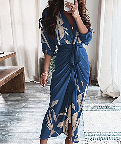 FYEARFOX Women's Button Down Shirt Dress Ruched Split Maxi Dresses Long Sleeve Wrap V Neck Tie Waist Party Clubwear3
