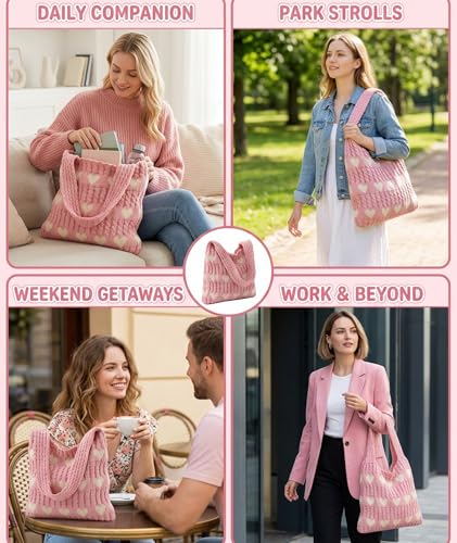 Image of Crochet Bag, Stylish Tote Bag for Women, Beach Bag for Daily Use and Travel, Pink Woven Openwork Design, Perfect for College Girls and Fashion Enthusiasts
