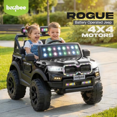 Image of Baybee RogueX Battery Operated Jeep for Kids with Parental Control | Baby Ride On Electric Car with RGB Lights, Music & Swing Mode | Rechargeable Battery Car for Kids 2 to 6 Years (Metallic Black)