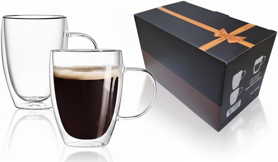 Set of 2 Double Wall Borosilicate Glass Mugs 12oz (360ml) – Insulated, Heat-Resistant, Dishwasher Safe Coffee and Tea Mug Set for Hot & Cold Beverages