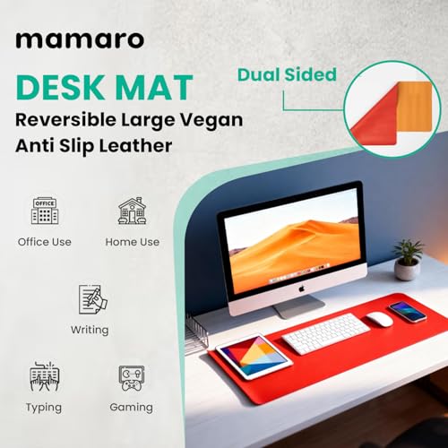 Image of Reversible Desk Mat 90x45 CM - Large Vegan Leather Office Desk Pad | Mouse Pad for Work from Home & Office | Anti-Slip Leather | Waterproof, Splash-Proof Desk Accessories (Orange & Red)