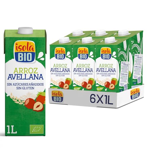 ISOLA BIO - Pack de 6 Unidades de 1 L de Bebida Ecológica Vegetal de Arroz y Avellanas - Sin Azúcares Añadidos y Libre de Gluten - Apto para Veganos - Ideal para Tomar Sola, con Café o en Batidos