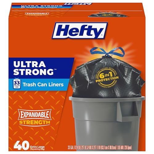 Image of Hefty Ultra Strong 33 Gallon Trash Bags, Large Trash Bags 33 Gallon Size, Trash Can Liners, Break Resistant Drawstring Closure, Resists Leaks, Punctures, and Tears, Black, 40 Bags