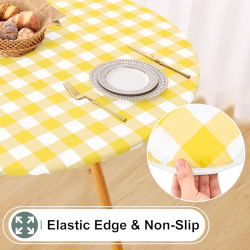 misaya Round Fitted Tablecloth with Elastic Edge, Buffalo Plaid Waterproof Vinyl Flannel Backed Table Cloth Cover Fits 45"-56" Round Tables for Dinner, Outdoor, Picnic, Yellow White Check by misaya - Used condition - Image 2