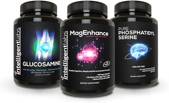 Intelligent Labs 3-in-1 Bundle of MagEnhance Magnesium Complex Magtein L-Threonate, Glycinate, Taurate + Soy-Free Phosphatidylserine Supplement + Glucosamine Chondroitin MSM Complex for Joints