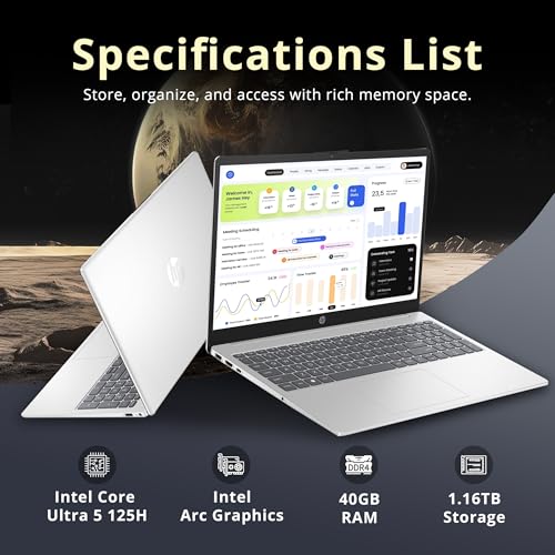 Image of HP 15.6 inch FHD Touchscreen Laptop, Intel Core Ultra 5 125H, 40GB RAM, 1.16TB Storage (1TB SSD + 160GB Docking Station Set), Intel Arc Graphics, Number Pad, Webcam, Wi-Fi 6, Win 11 Pro, Silver