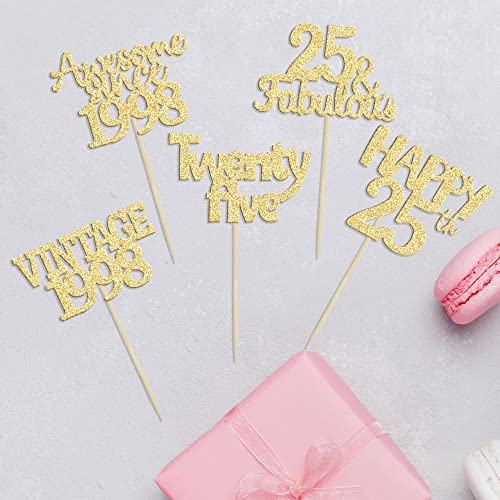 Gyufise 30Pcs Happy 25Th Cupcake Toppers Glitter Twenty-Five Vintage 1998 Cupcake Picks Cheers To 25 Years Birthday Cake Decorations For Happy 25Th Birthday Anniversary Party Supplies Gold #TOP2