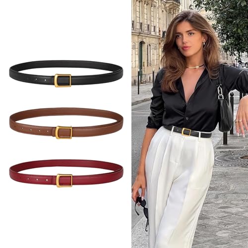 Image of Aurolran Women's Fashion Classic Metal Buckle Leather Belt with Jeans Dress