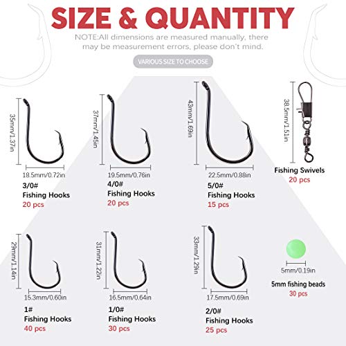 Hilitchi 200 Pcs 6 Sizes Fishing Hooks Offset Point Design In High Carbon Steel Construction Circle Hooks For Saltwater And Freshwater Fishing With Luminous Fishing Beads And Fishing Swivel Snaps #TOP1