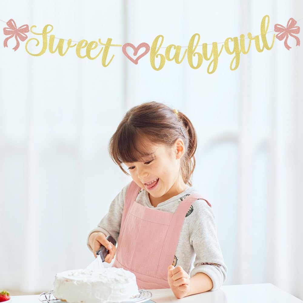 Sweet Baby Girl Banner, Pre-Strung Baby Shower Gender Reveal Party Banner For Girl Baby Shower Decorations First Birthday party supplies Rose Gold Glitter