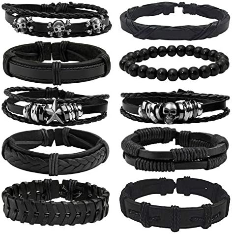 Manfnee 6-12PCS Braided Faux Leather Bracelet Punk Cuff Wrap Bracelets for Men Women Adjustable