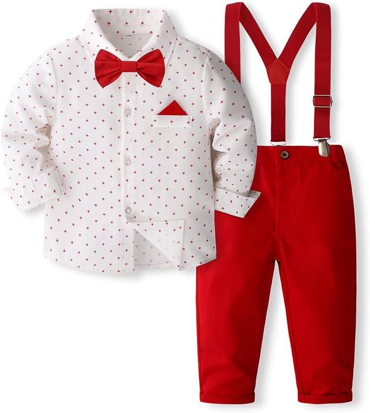 Toddler Boys' 3pcs Gentleman Cotton Set with Shirt,Bowtie,Suspenders Pants.