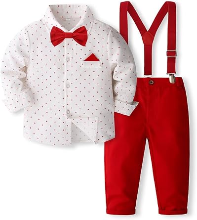 Toddler Boys 3pcs Gentleman Cotton Set with Shirt,Bowtie,Suspenders Pants.