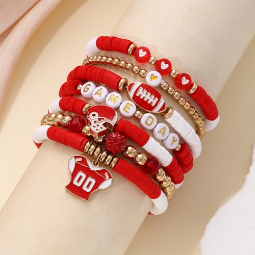 Sistble Game Day Bracelets for Women Stackable Red Football Bracelets Gifts Stretch Beaded Bracelets Sport Football Mom Gameday Outfits Accessories — view 5