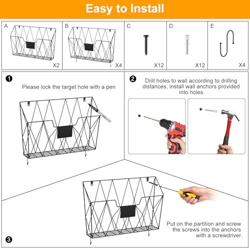 UOMIO 3 Stück Wandhalter Zeitschriften Metall, Wandhalterung Organizer Schwarz, Prospekthalter Wand, Aktenregal mit 2 S-Haken, Wandaufbewahrung für Büro Schule