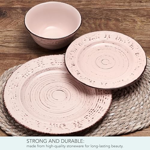 Image of Pfaltzgraff Pink Trellis 12-Piece Dinnerware Set, Stoneware Plates and Bowls Sets for 4, Dishwasher and Microwave Safe, Rustic Garden-Inspired Design