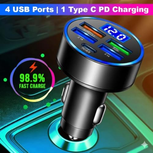Image of 65W 4-in-1 Fast Charging Car Charger with Retractable Cable | USB A & USB C Ports | Built-in Type-C & Lightning Cable | PD & QC Smart Car Mobile Charger for All Smartphones & Devices