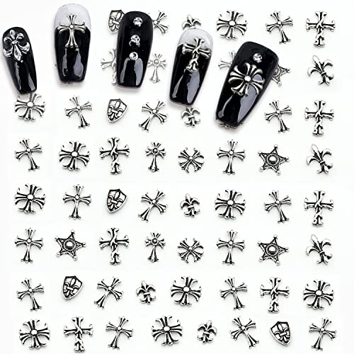 Camlo 3D Cross Nail Art Charms Vintage Silver Metal Chrome Punk Gothic Crosses Stars Hearts Mixed Styles For Manicure Craft Diy Nail Art Decorations #TOP3