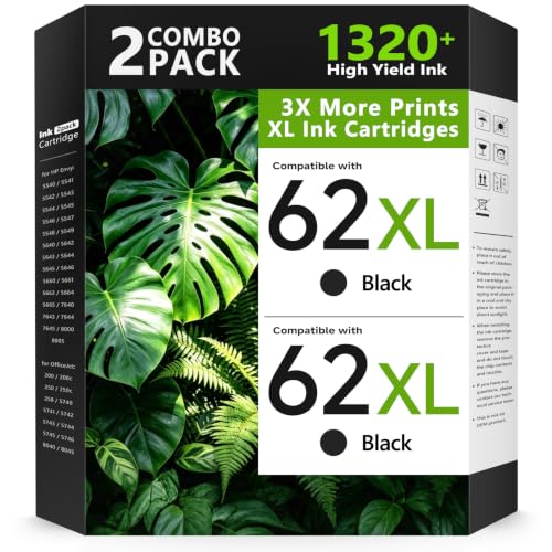 62XL Ink Cartridges Black for HP Ink 62 Black for HP 62XL Black Ink 2 Pack