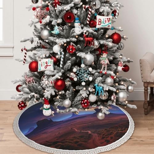 Jupe de sapin de Noël 122cm motif nébuleuse désert avec pompons blancs