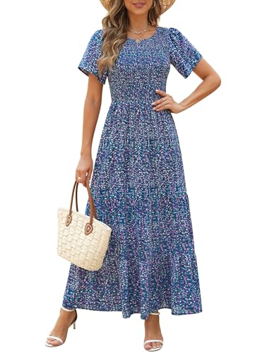 Image of Kranda Women 2025 Summer Fall Crewneck Short Sleeve Smocked Floral Maxi Dress
