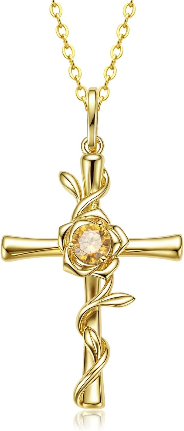 Christian Valentines Day Gift for Women, 14K Gold Plated Cross Birthstone Pendant 925 Silver Faith Religious Jewelry, Anniversary Birthday Gift for Wife Girlfriend Mom, Baptism Confirmation for Teens