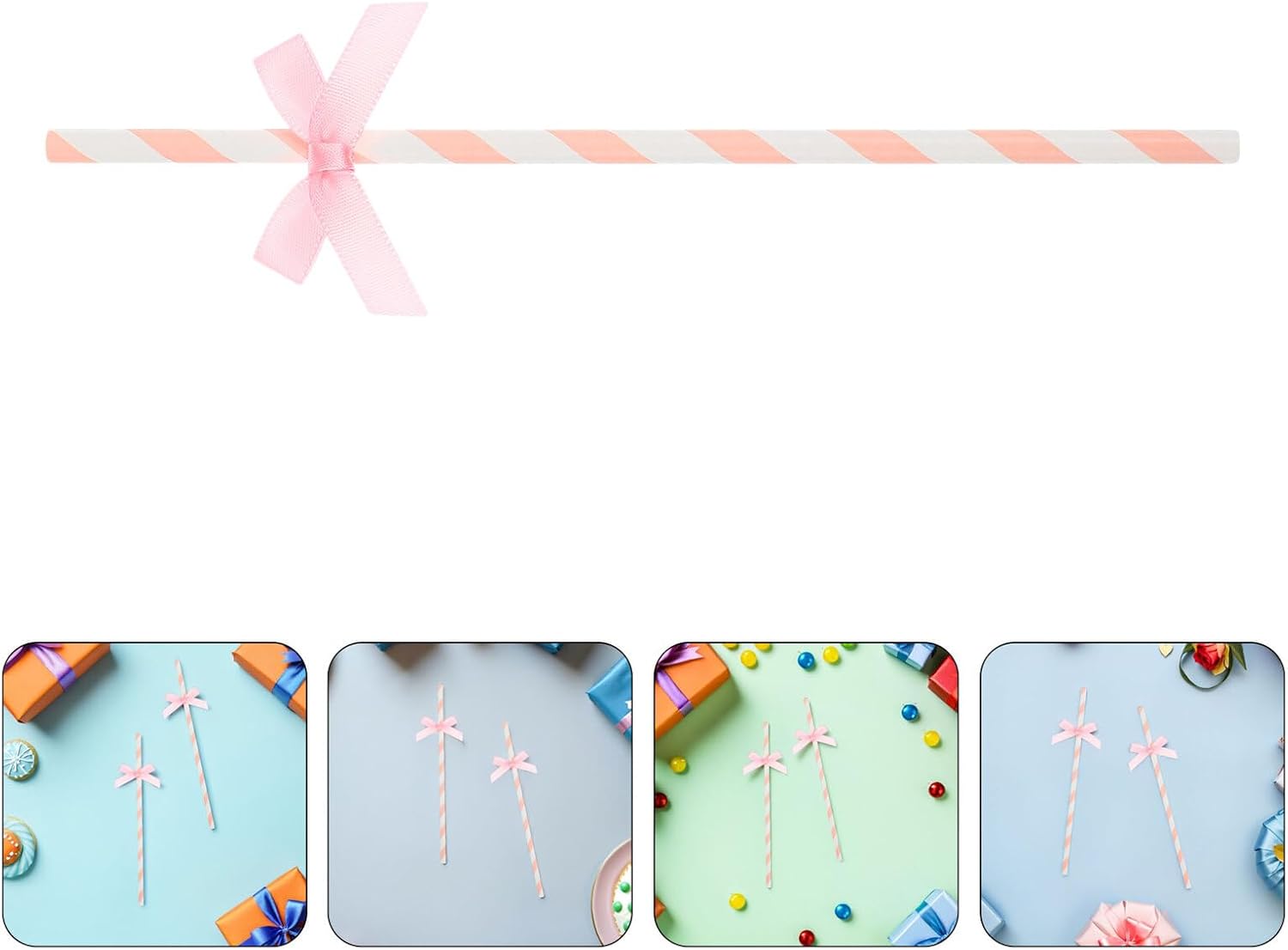 Cabilock 100pcs Pink Decorative Paper Straws with Bow Tie for Birthday Cake Decoration, Disposable Party Beverage Straws for Juice Milk Tea Smoothies