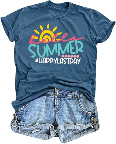 Happy Last Day of School Teacher Shirt Schools Out for Summer Teacher Shirts Teaching Life Shirt Casual Sun Tee Tops Light Blue