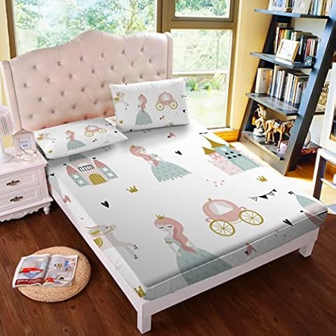 MUSOLEI Princess Fitted Sheet Set Cute Girl Castle Sheet Girls Teens Kids Bedding Set 1 Deep Pocket Fitted Sheet with 2 Pillowcases Microfiber Queen Size Cover