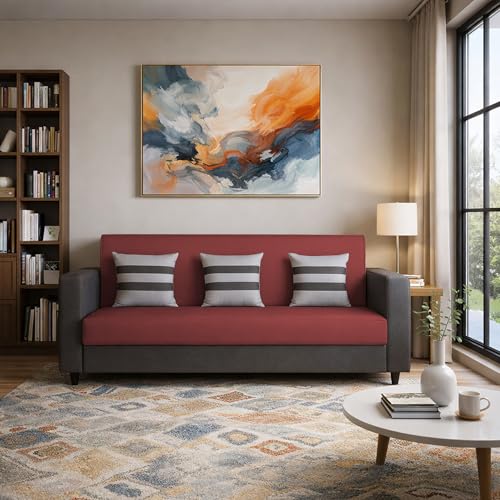 Image of Casaliving Amara 3 Seater Sofa Set for Living Room (Black Maroon Colour Fabric) Premium Fabric Sofa