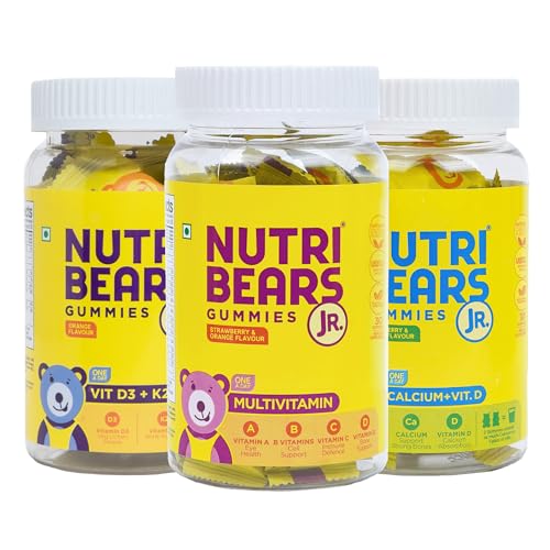 Image of NutriBears Multivitamin, Calcium and Vitamin D3 + K2 +B12 Gummies for Kids, Combo Pack of 3 (90 Gummy Bears, Strawberry, Orange & Mango Flavour) Vitamin C, D, & Zinc for Immunity, Supplement for Strong Teeth and Bones