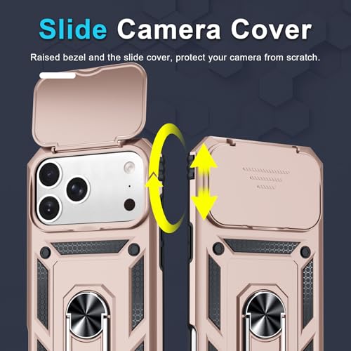 Janmitta Case for iPhone 17 Pro Phone Cover Built in Foldable Camera Lens Cover+Screen Protector,Heavy Duty Shockproof Full Body PhoneCase with Finger Ring Holder Kickstand,Rose Gold by Janmitta - Used condition - Image 3