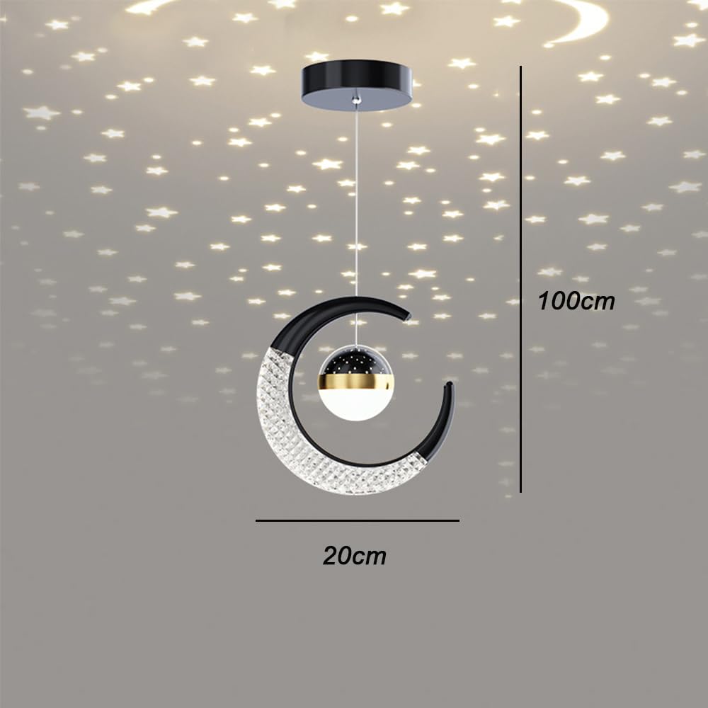 Mengjay Suspension Luminaire Lune et Étoiles Nordique Créativité LED Lustre Plafonnier 10W Lampe à Suspension avec Projection d'étoile Moderne pour Enfants Chambre (Noir, Blanc Chaud)