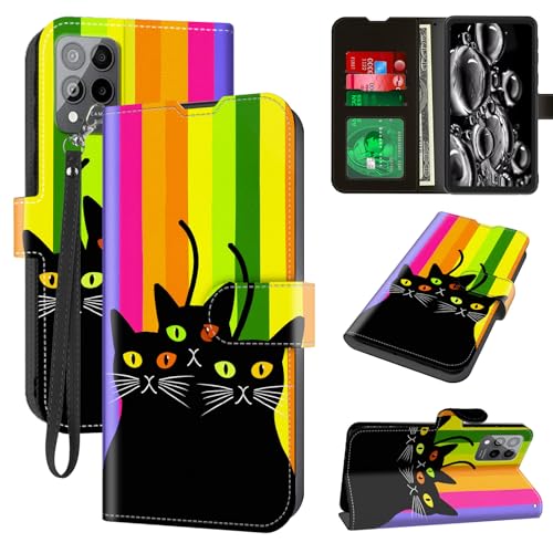 ACWDMKH for Revvl 6X Pro 5G Case,for Revvl 6 Pro Phone Case/T Phone Pro 5G Case Wallet with Card Holder & Wrist Strap Kickstand Folio Leather Magnetic Protective Shockproof Cover,Colorful Black Cat