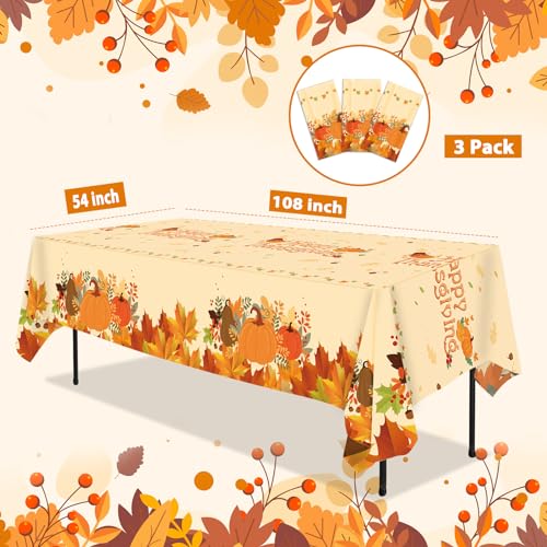 Alitake 3-Pack Thanksgiving Tablecloth Fall Tablecloths - Thanksgiving Tablecloth Disposable Plastic Thanksgiving Table Cloth Pumpkin & Leaves Print, Table Covers for Thanksgiving (Yellow) — view 3