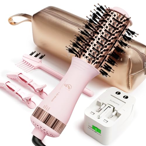 Dual Voltage Travel Hair Dryer Brush, Mini Hot Air Brush Styler & Dryer for European Travel, Hair...