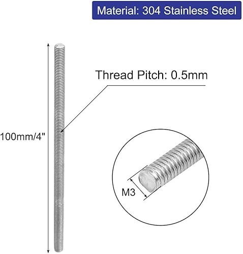 Miniatura 2 de uxcell M3 x 3.937 in 0.020 in Pitch 304 Acero Inoxidable Totalmente Roscado Varillas Sujetadores 20 Unidades