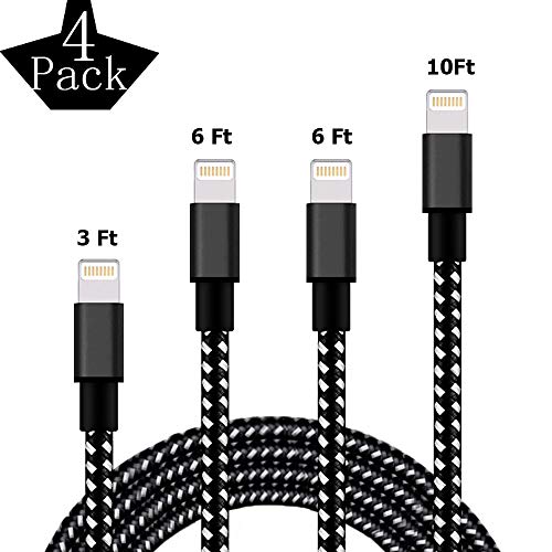Charger iPhone Cable [Apple MFi Certified] 4Pack 3/6/6/10FT Fast Lightning Cable Cord,iPhone Nylon Braided Charging Cable Cord Compatible with iPhone 13/12/11 ProMax/XS/XR/8 Plus/8/7/6/5/iPad/AirPods