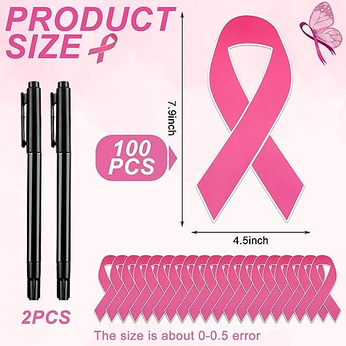 100 Pcs Large Pink Ribbon Cutouts with 2 Pens, Breast Cancer Awareness by Qilery - Used condition - Image 2