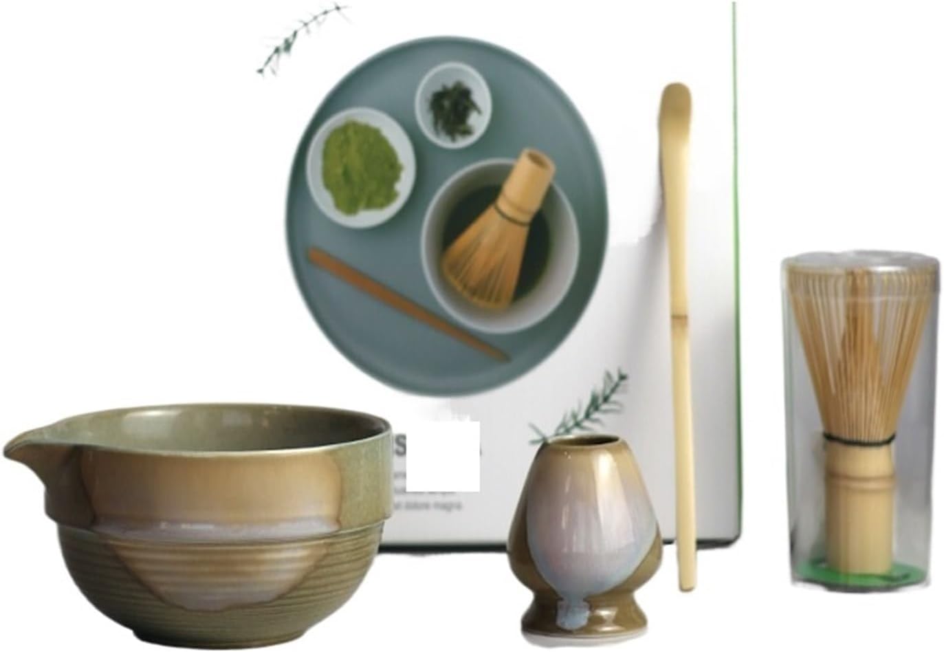 Vintage Matcha Set 4pcs Ceramic Spout Bowl Whisk Bamboo Chasen Tea Ceremony Kit(4-piece set F)