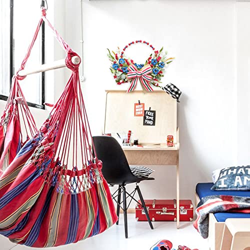 Tempus T65 16 Inch Patriotic Tri-Coloured Wooden Bead Wreath,Red White And Blue Independence Day Floral Burlap Bow Wreath,For Front Door Memorial Day Flag Day Veterans Day thumb #5