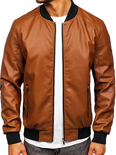 BOLF Hombre Chaqueta Bomber De Cuero Ecológico Cierre De Cremallera Cuello Elevado Estilo Casual J.Boyz 1147 Marrón XXL [4D4]