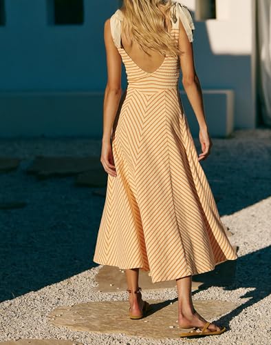 Image of Women Casual Summer Dresses Smocked V Neck Beach Dress Striped Sleeveless Sundress Flowy Long Dress with Pockets Yellow