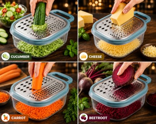 Image of 2-in-1 Cheese Grater with Storage Container Pack of 2 | Stainless Steel Manual Vegetable Grater with Lid | Food Container for Cheese, Carrot, Cucumber, Potato, Garlic & Ginger