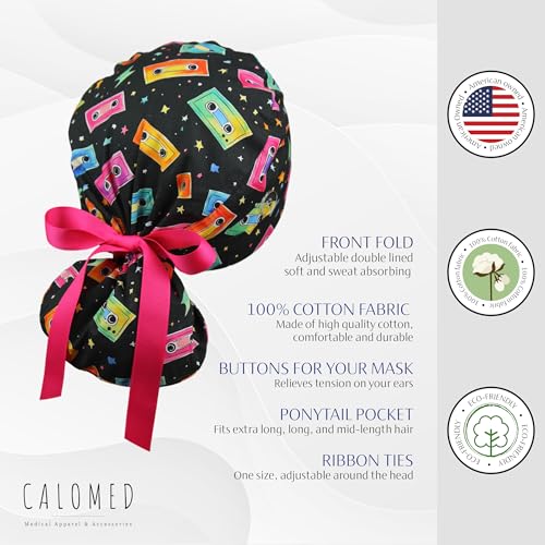 Image of Scrub Cap for Women and Men, Ponytail Scrub Caps, Working Hat, Head Cover with Ribbon Ties and Buttons, Long Hair