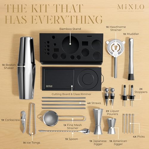MIXLO HOME Mixology Bartender Kit - 22Pcs Bar Set Cocktail Shaker Set w Black Bar Cart Accessories Stand - Shakers Bartending Silver Tools, 24oz Shaker, 17 Recipe Cards, Martini Barware
