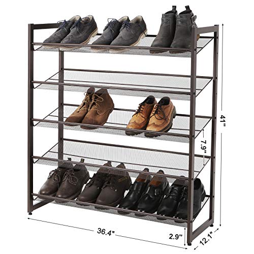 Image of SONGMICS 5-Tier Metal Shoe Rack Adjustable to Flat or Slant Shoe Organizer Holder Stand Shelves Stackable for Entryway Bedroom Bronze ULMR05A